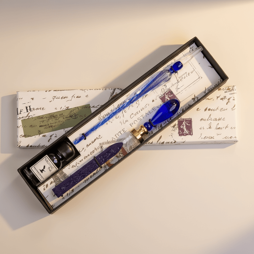 Fountain pen set with blue nib and ink bottle in a decorative box on a light background