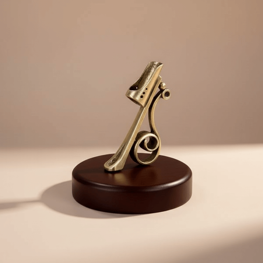 Bronze pen holder on a wooden base against a beige background