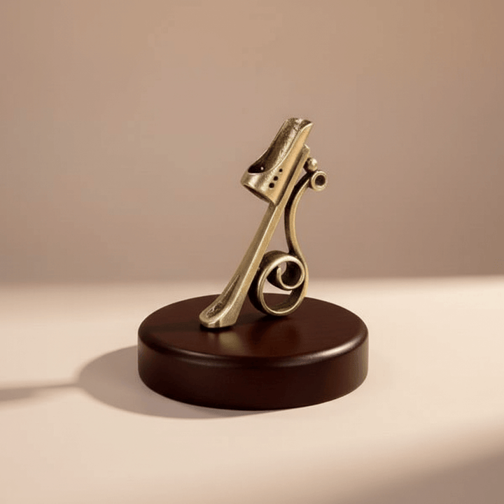 Bronze pen holder on a wooden base against a beige background