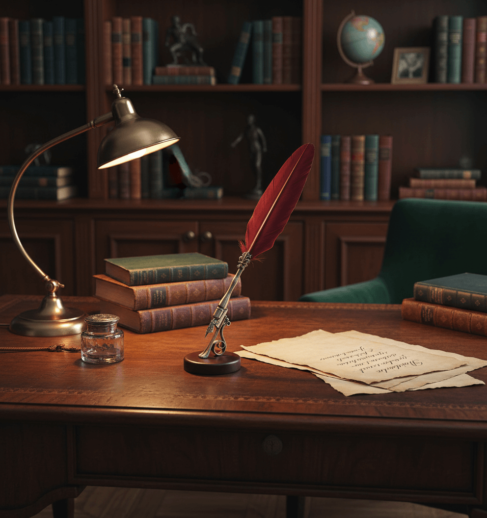 Decorative feather quill pen on desk in study