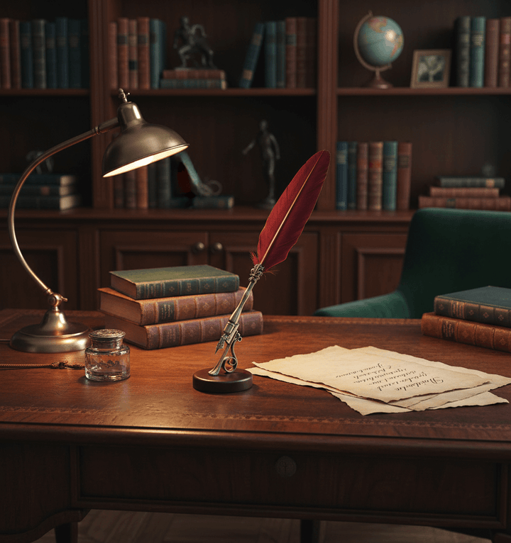 Decorative feather quill pen on desk in study