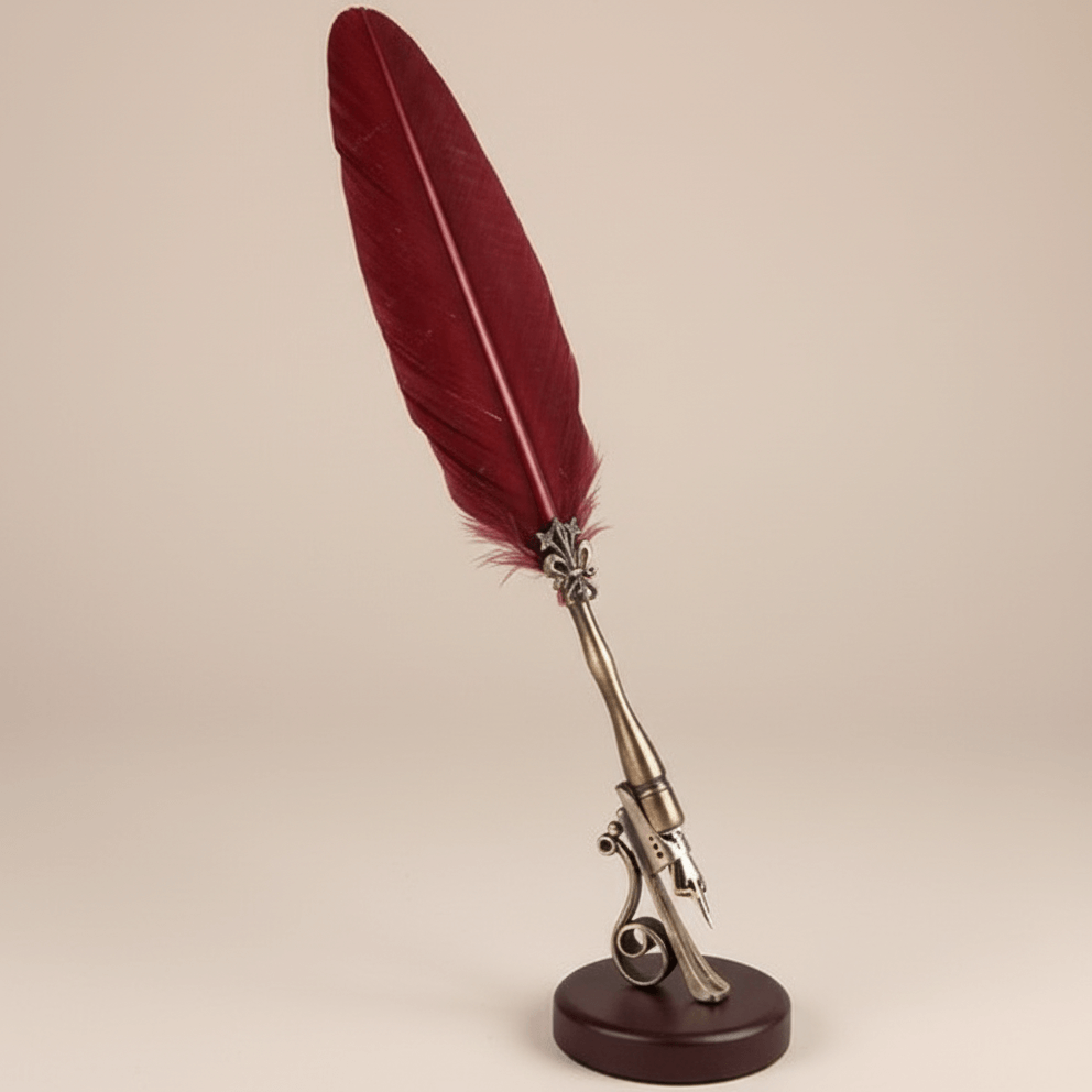 Decorative feather quill pen with a red feather on a beige background