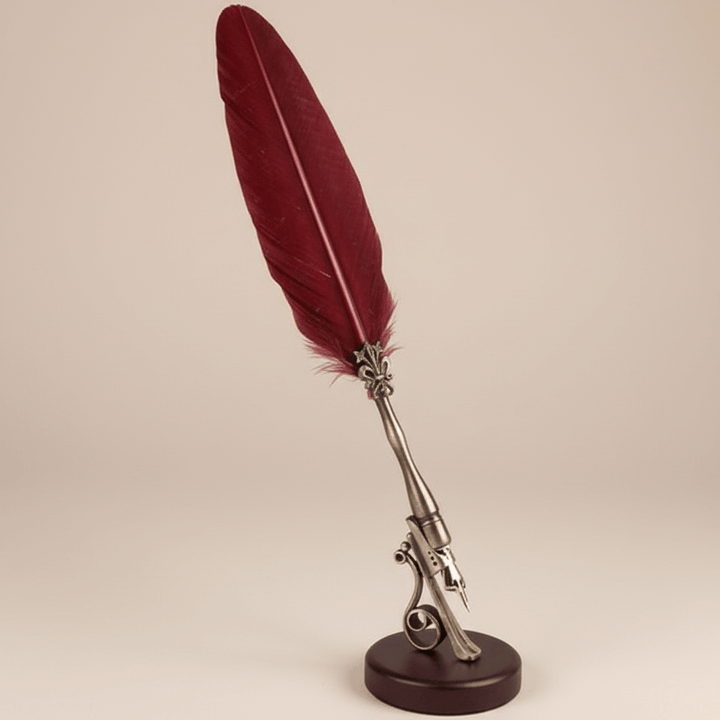 Decorative feather quill pen with a red feather on a beige background
