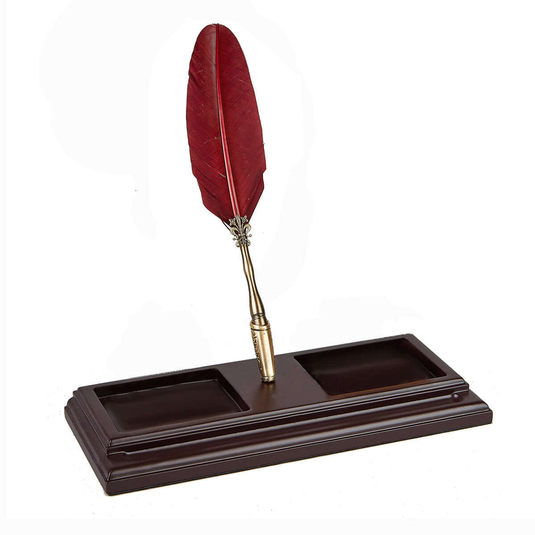 Vintage Wooden Desk Organizer with Feather Quill Pen Set
