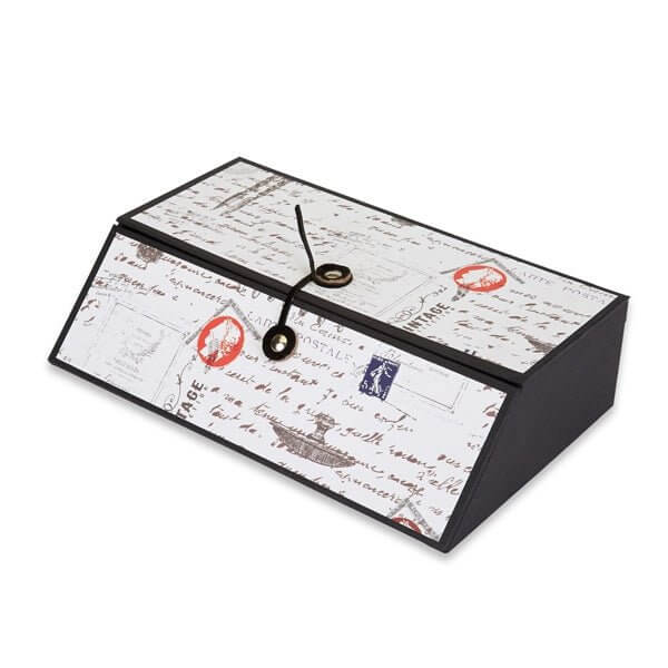 Writing set gift box with vintage-style design on a white background