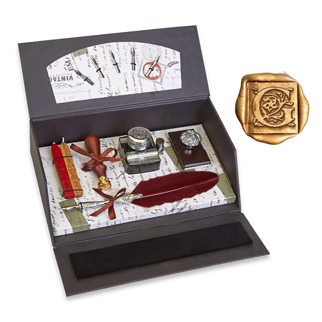 Vintage Quill Pen Writing Set with Wax Seal and Inkwell