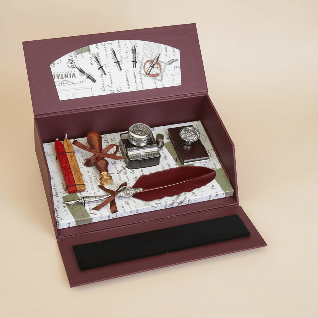 Stationery set with inkwell, quill, and scrolls in a decorative box on a beige background