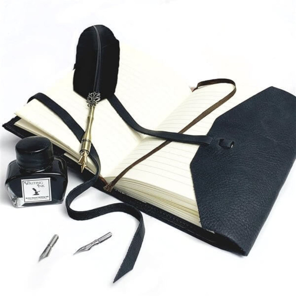 Feather pen, ink bottle, and notebook on a white background