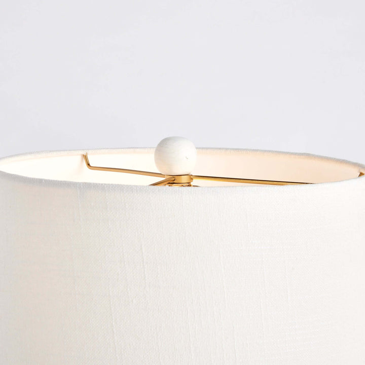 Close-up view of white lamp shade and finial, highlighting elegant design for home decor.