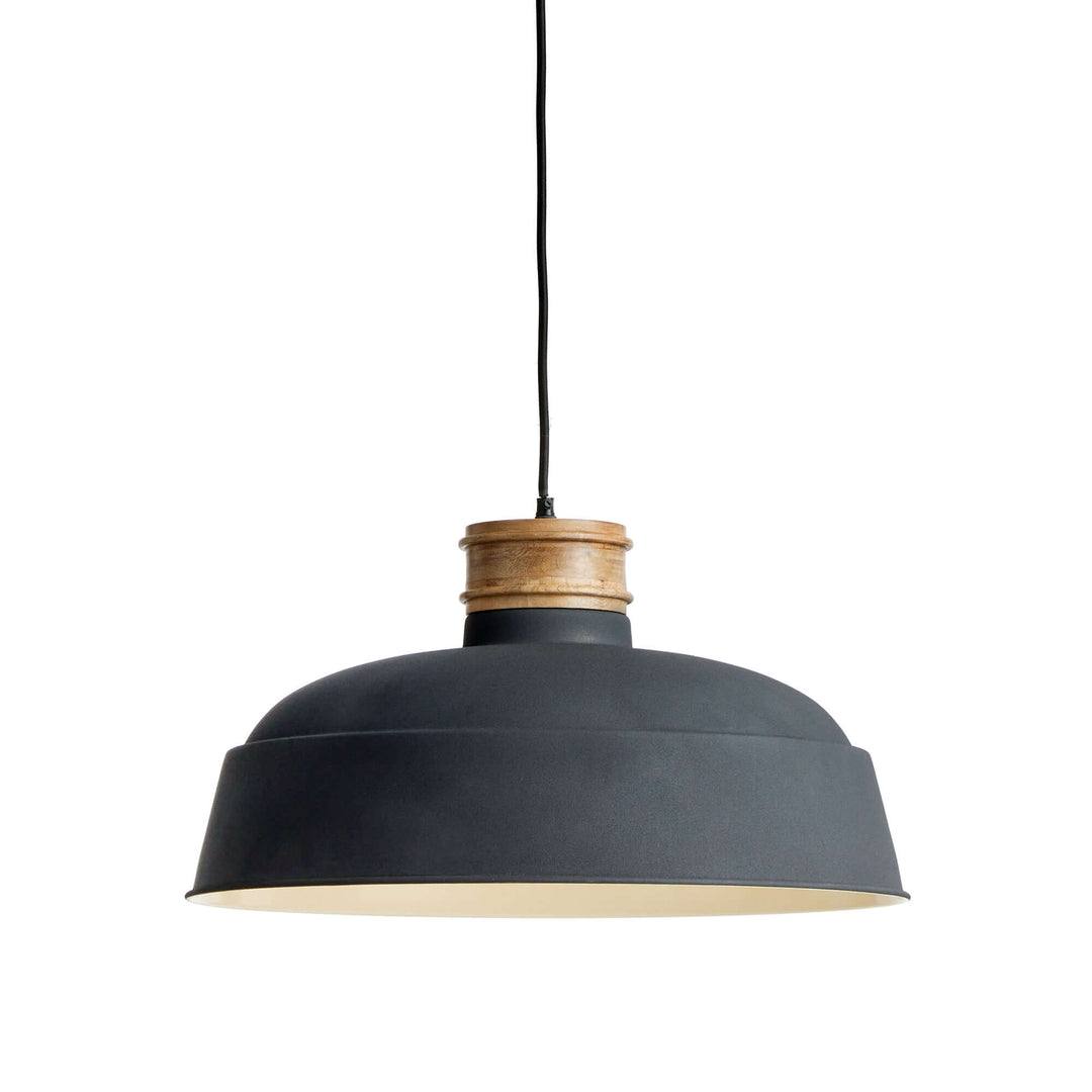 Industrial wood and metal pendant light in matte charcoal, blending vintage style with modern design.