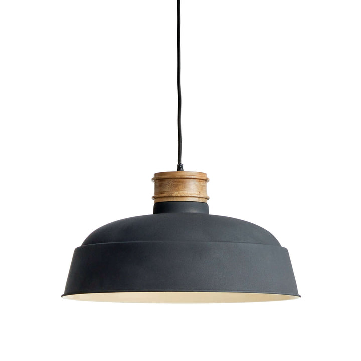 Industrial wood and metal pendant light in matte charcoal, blending vintage style with modern design.