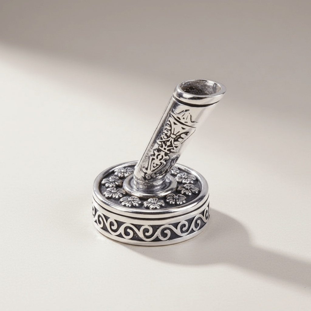Decorative pen holder with intricate designs on a light gray background