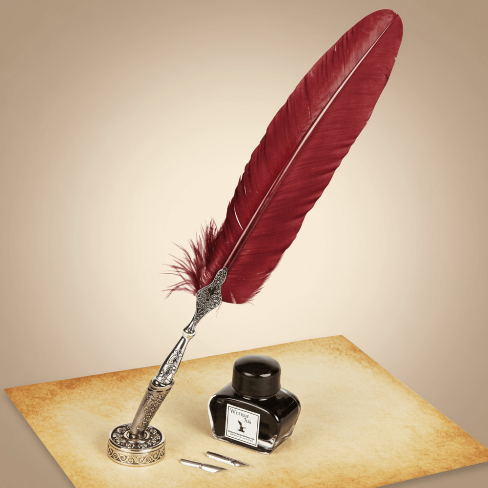 Feather quill pen with ink bottle on a beige background