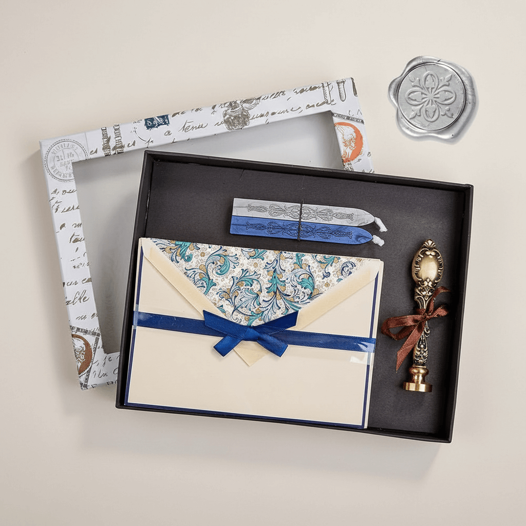 Stationery set with envelopes, a sealing wax stamp, and a sealing wax in a black box on a white background.