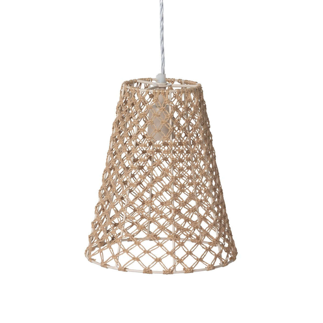 Woven beige lampshade on a white background