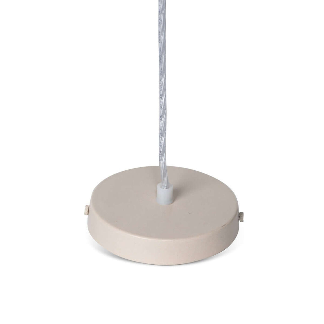 Round beige pendant light fixture on a white background