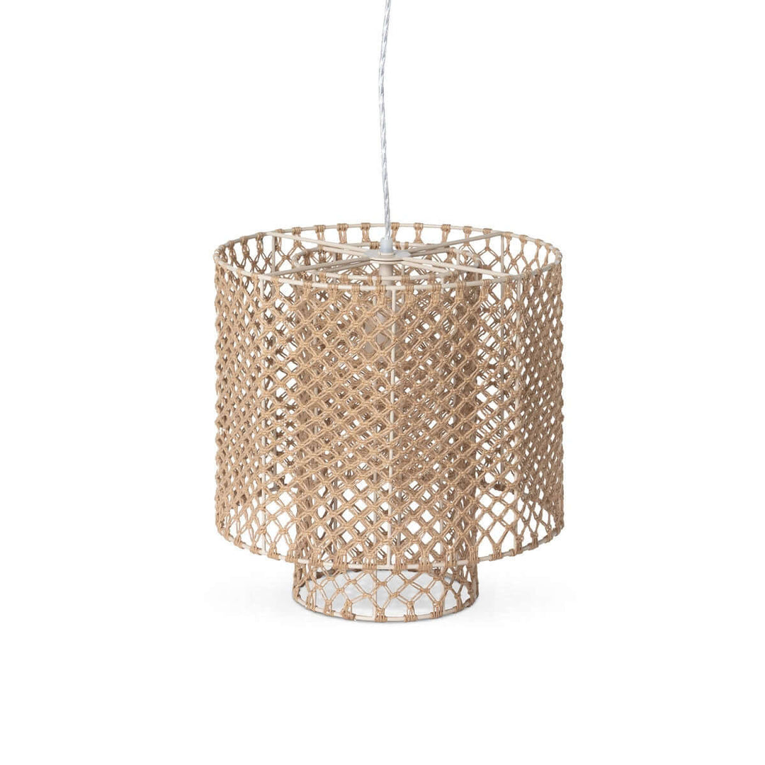 Woven rattan pendant light on a white background
