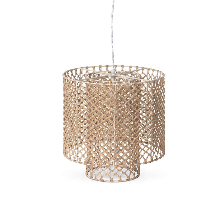 Woven rattan pendant light on a white background