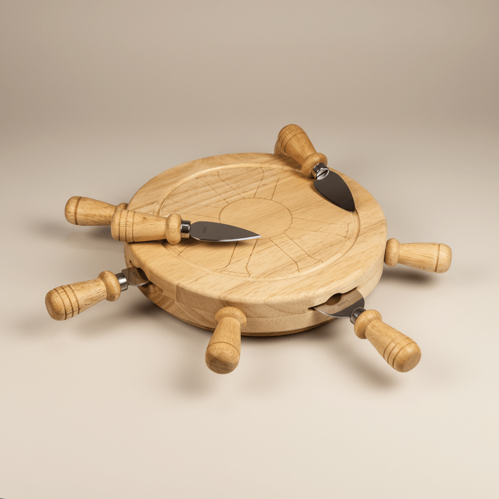 Nautical Lazy Susan Cheese Board and Knife Set with wooden handles, perfect for elegant entertaining and cheese serving.