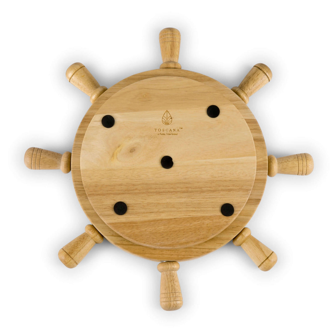 Wooden ship's wheel lazy susan bottom with a brand logo on a white background
