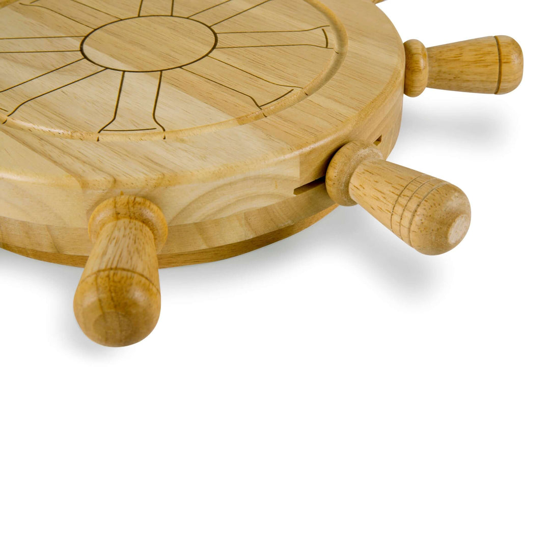 Wooden cheese board with handles on a white background