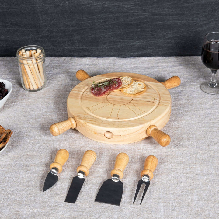 Nautical Lazy Susan Cheese Board and Knife Set on table with cheese and crackers