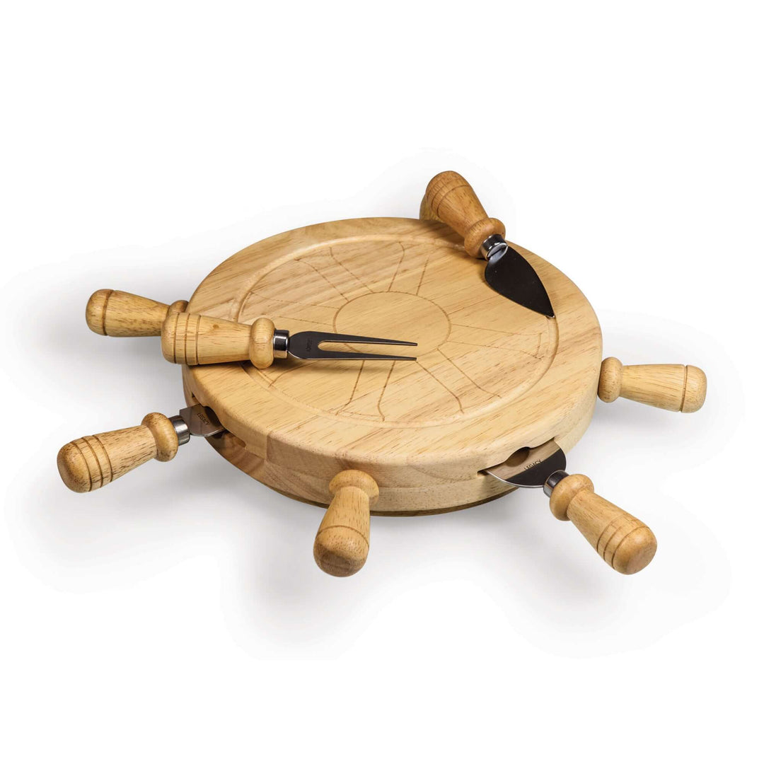 Nautical Lazy Susan Cheese Board and Knife Set with wooden design and included knives for elegant entertaining.