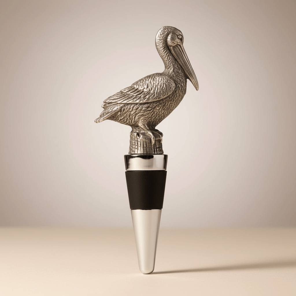 Metallic pelican-shaped bottle stopper on a neutral background