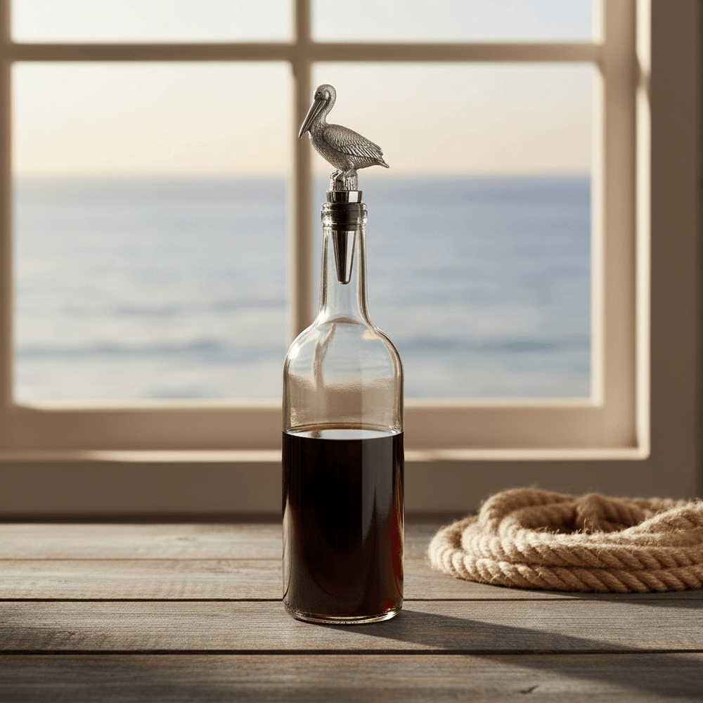 Glass bottle with a decorative pelican-shaped bottle stopper on a wooden surface near a window with an ocean view.