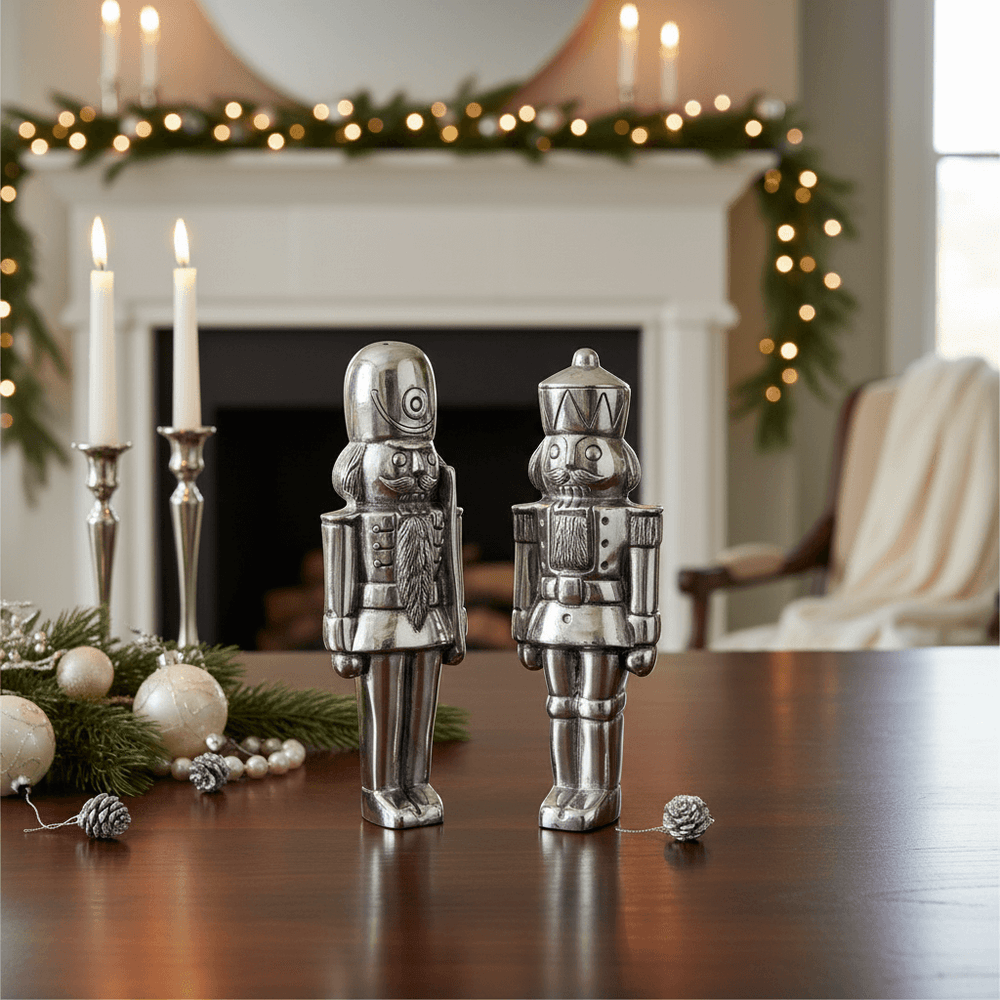 Nutcracker Salt and Pepper Set in Handcrafted Pewter on table with holiday decor