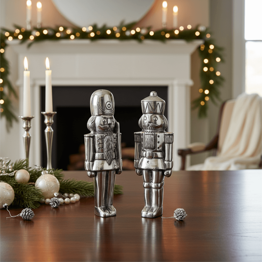 Nutcracker Salt and Pepper Set in Handcrafted Pewter on table with holiday decor