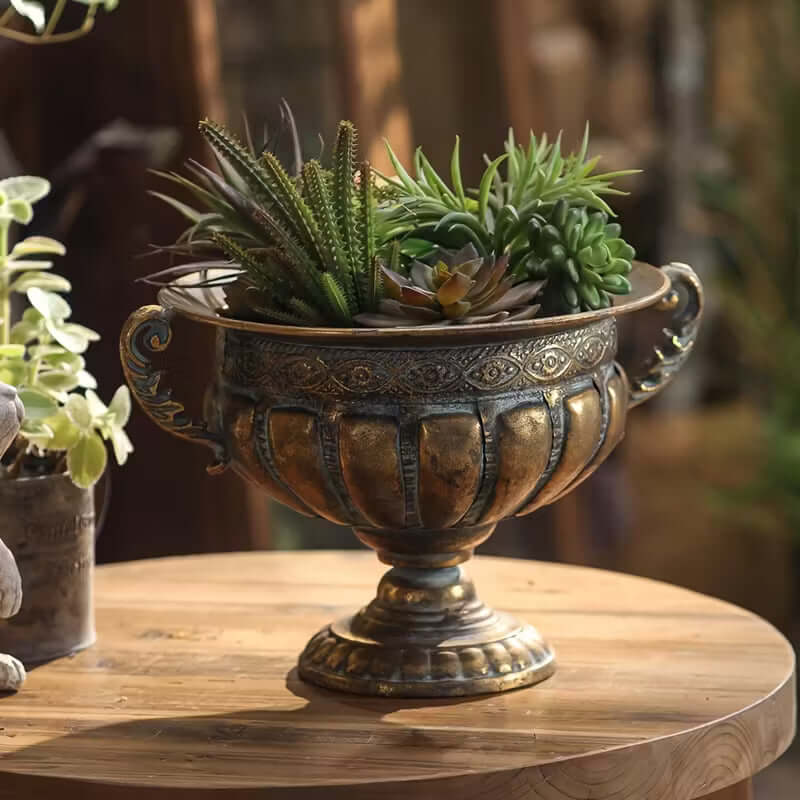 Decorative urn with succulents on a wooden table