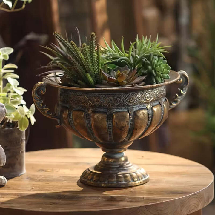 Decorative urn with succulents on a wooden table