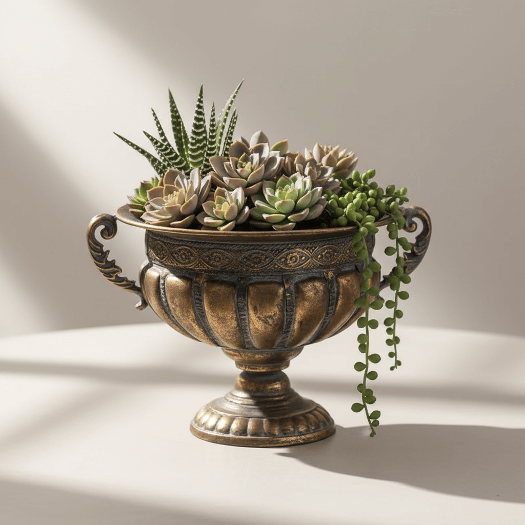 Decorative urn with succulents on a neutral background