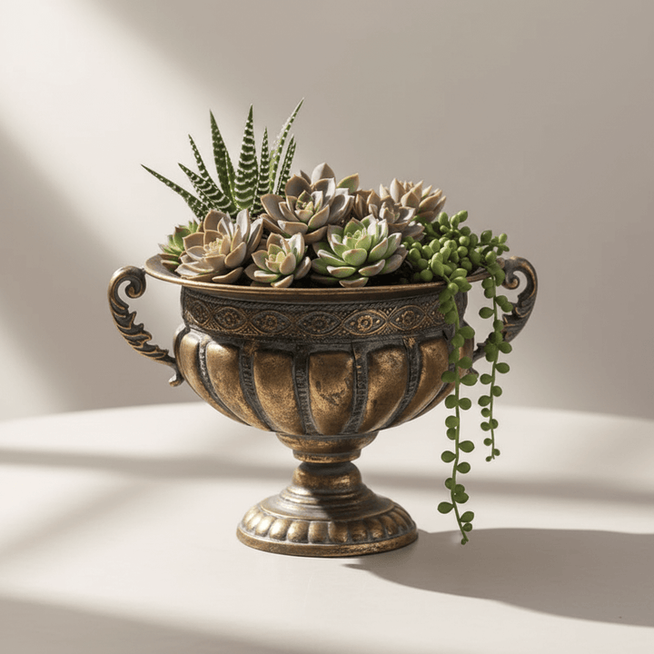 Decorative urn with succulents on a neutral background
