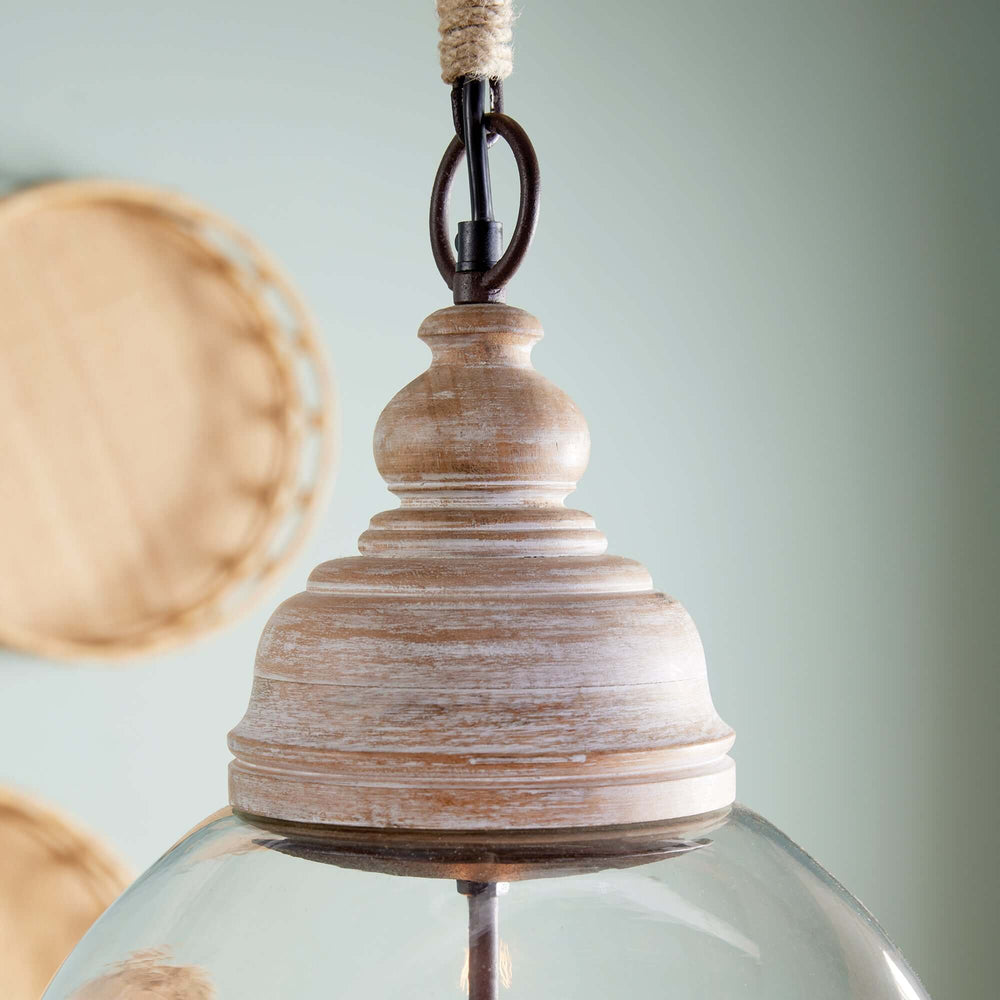 Oversized Glass Cloche Pendant Light with Wood Accent closeup of wood accent and rope