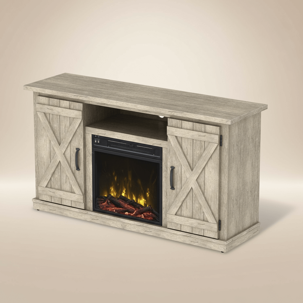 Wooden TV stand with built-in electric fireplace on a beige background