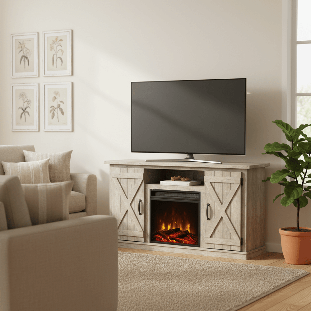Living room with a TV on a wooden stand featuring an electric fireplace.