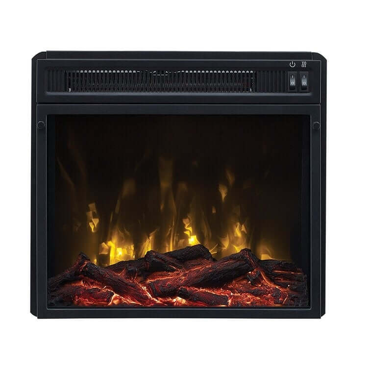 Electric fireplace insert with glowing logs and flames on a white background