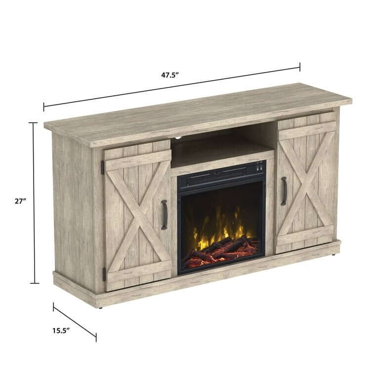 Wooden TV stand with electric fireplace insert and dimensions on a white background