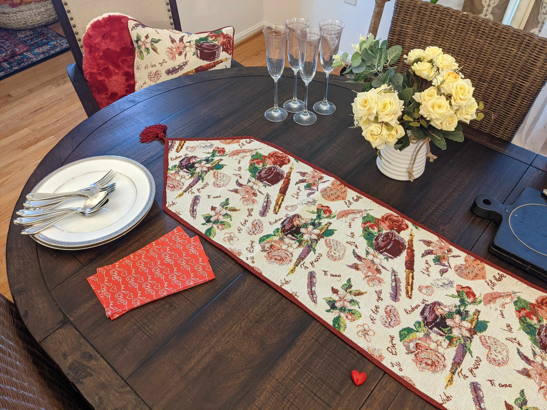DaDa Bedding Sweet Heart Love Notes Pink Floral Woven Tapestry Dining Table Runner (18273) on dining table setting