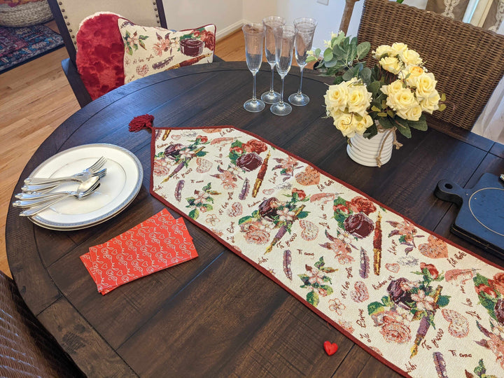 DaDa Bedding Sweet Heart Love Notes Pink Floral Woven Tapestry Dining Table Runner (18273) on dining table setting