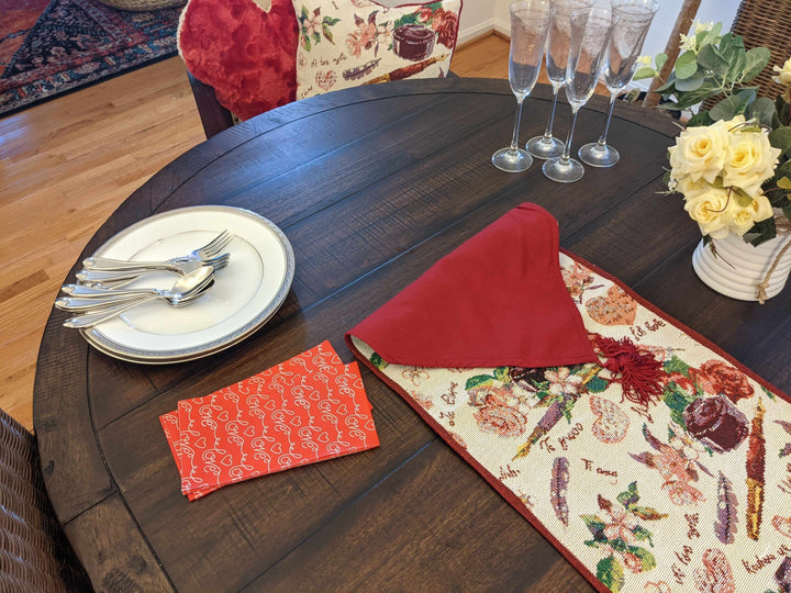 DaDa Bedding Sweet Heart Love Notes Pink Floral Woven Tapestry Dining Table Runner (18273) on a wooden table setting