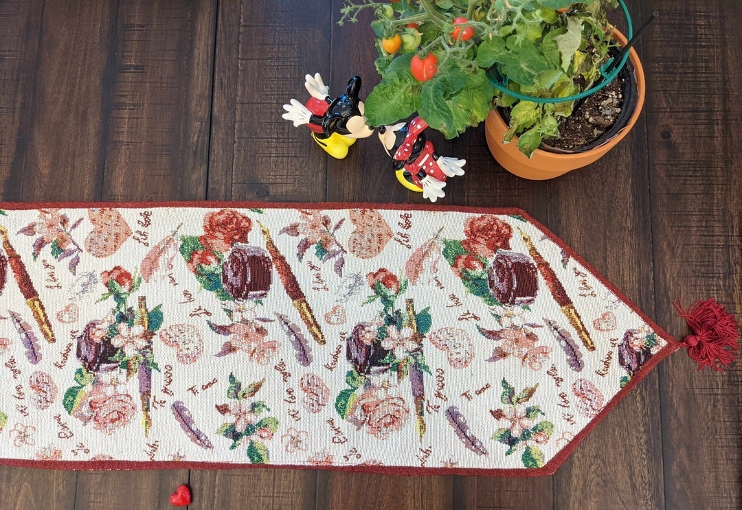 DaDa Bedding Sweet Heart Love Notes Pink Floral Woven Tapestry Dining Table Runner (18273) with romantic design on wooden table.