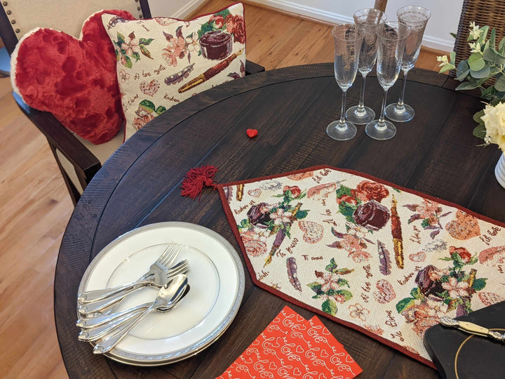 DaDa Bedding Sweet Heart Love Notes Pink Floral Woven Tapestry Dining Table Runner (18273) on a decorated dining table for Valentine's Day
