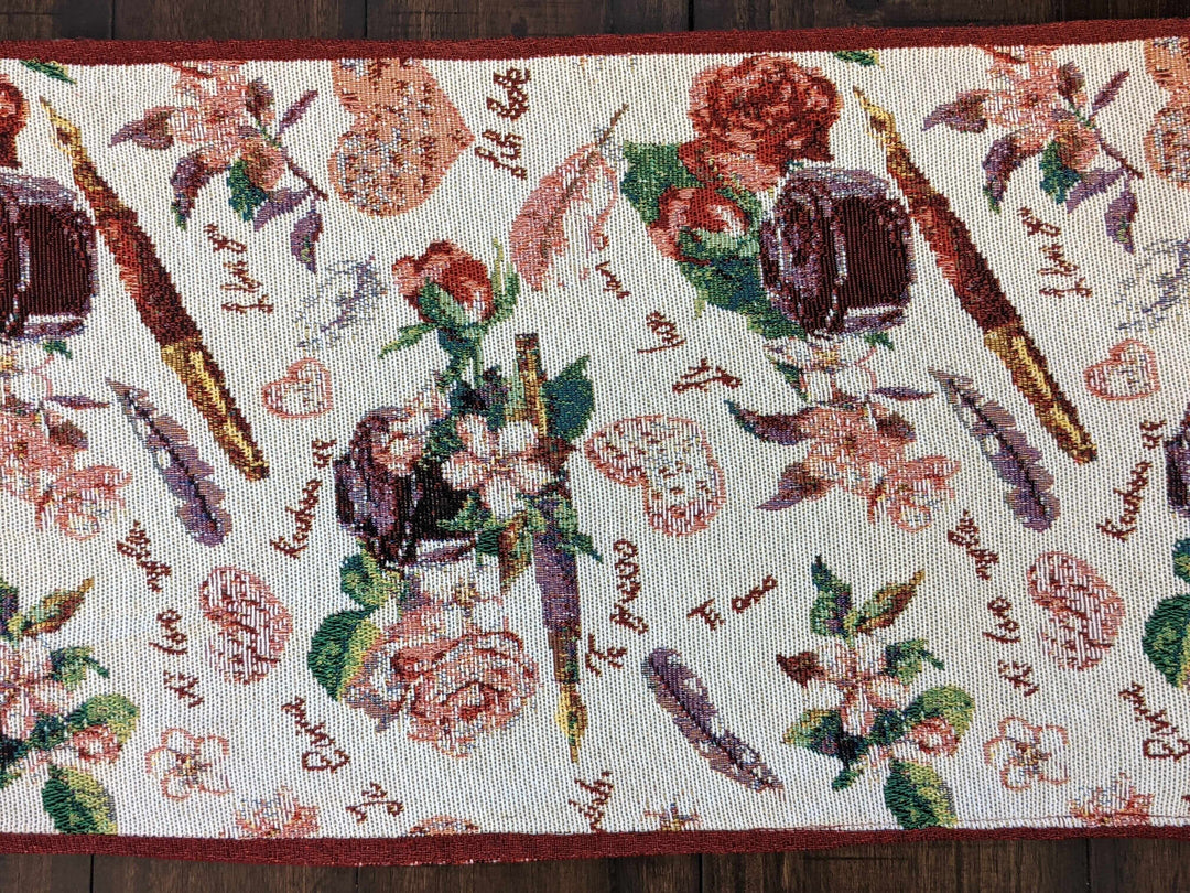 DaDa Bedding Sweet Heart Love Notes Pink Floral Woven Tapestry Dining Table Runner (18273) with romantic floral design.