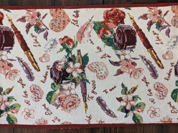 DaDa Bedding Sweet Heart Love Notes Pink Floral Woven Tapestry Dining Table Runner (18273) with romantic floral design.