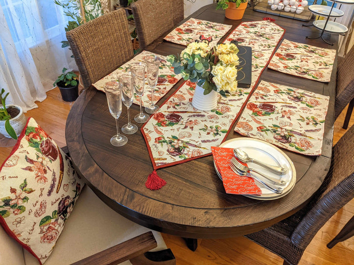 DaDa Bedding Sweet Heart Love Notes Pink Floral Woven Tapestry Dining Table Runner (18273) on a decorated dining table.