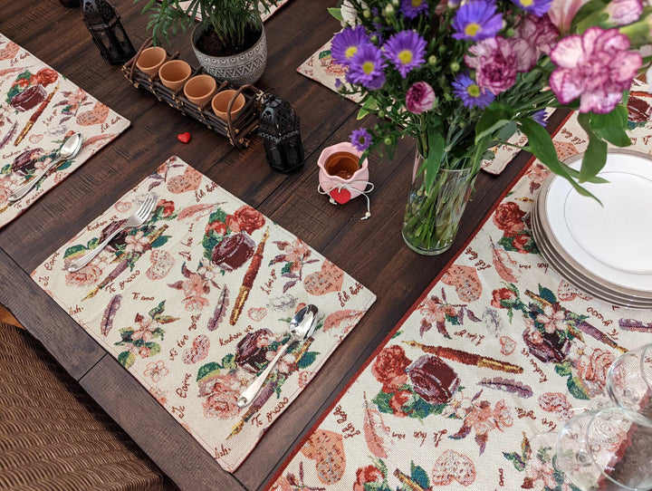 DaDa Bedding Sweet Heart Love Notes Pink Floral Woven Tapestry Dining Table Runner (18273) enhancing romantic dining decor