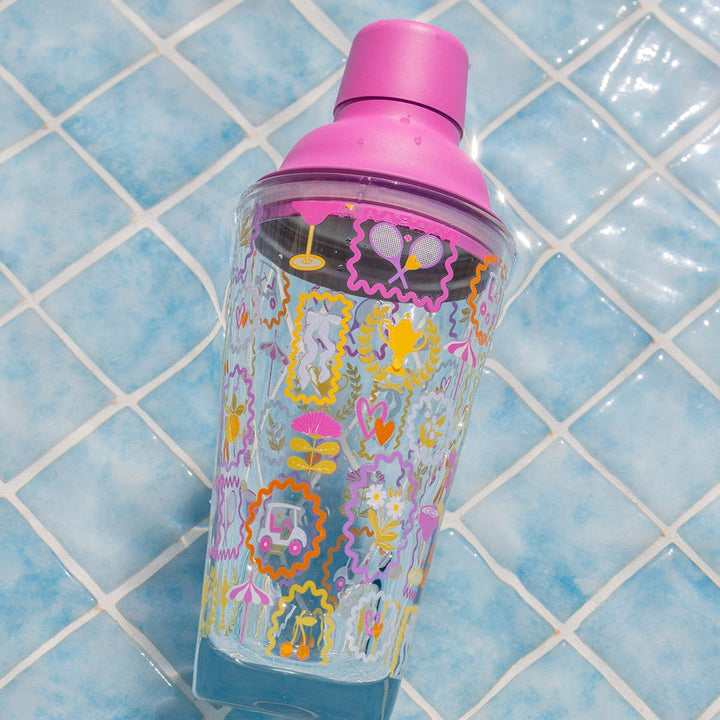 Pink-Lid Patterned Glass Cocktail Shaker